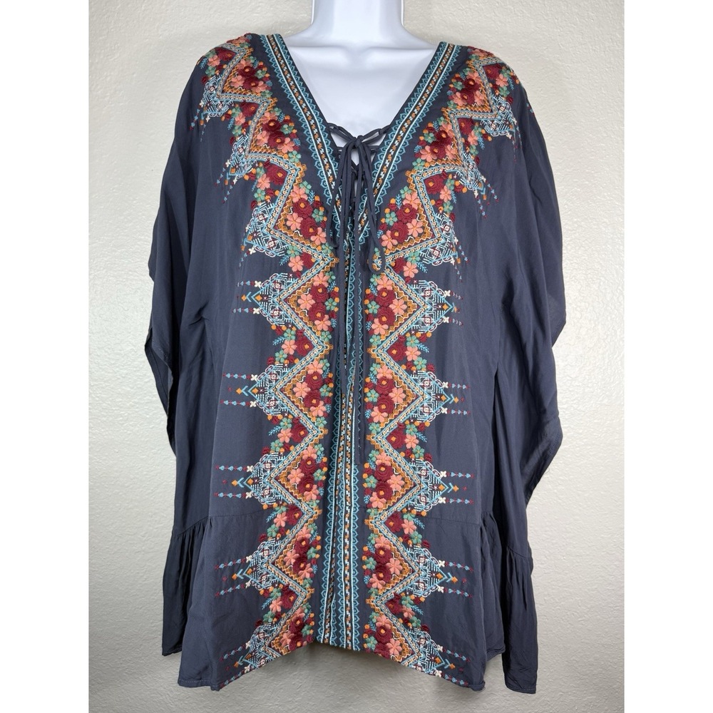 Womens Tunic Top Size S Blue Embroidered Floral Rayon Drawstring Kimono